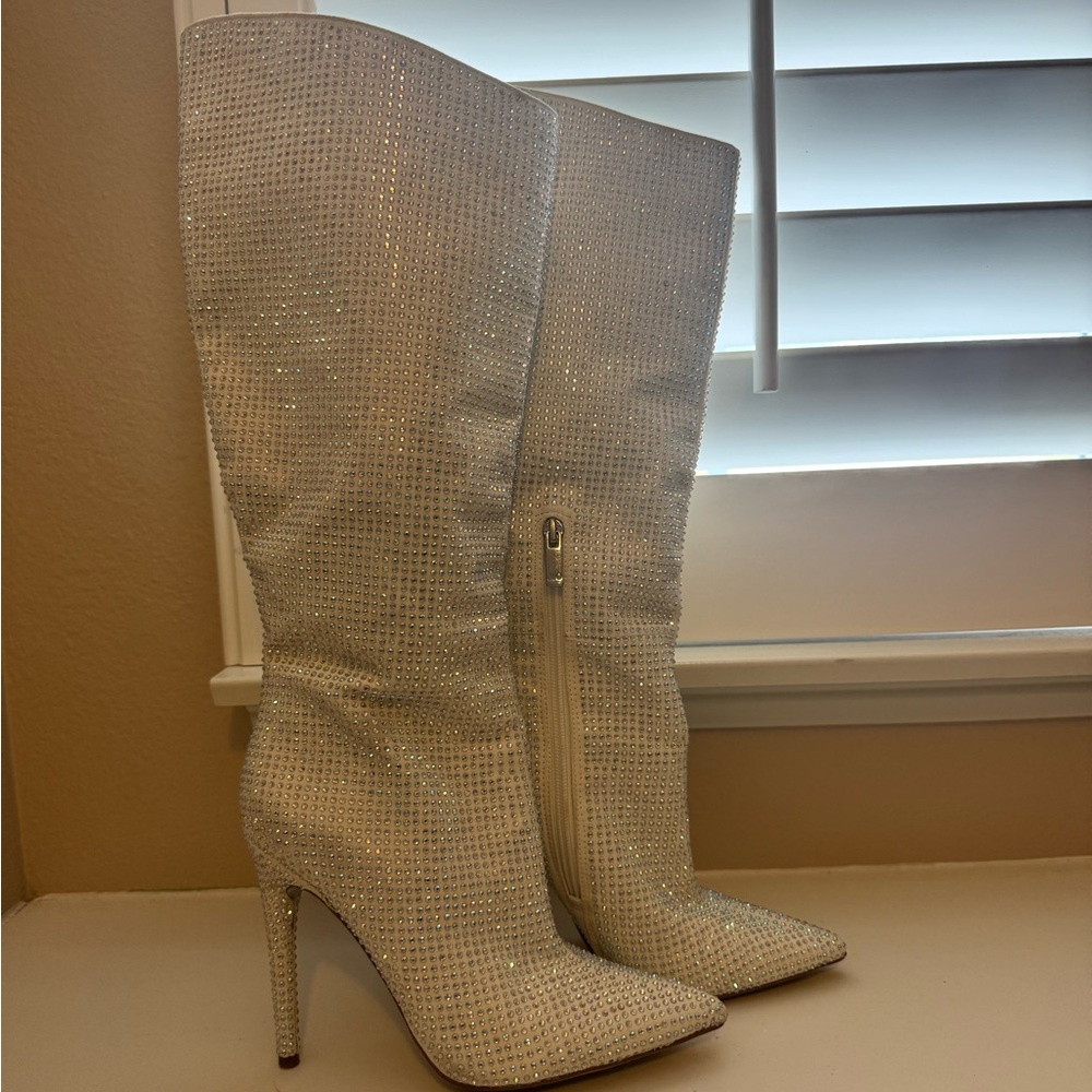 White Rhinestone Knee-High Boots